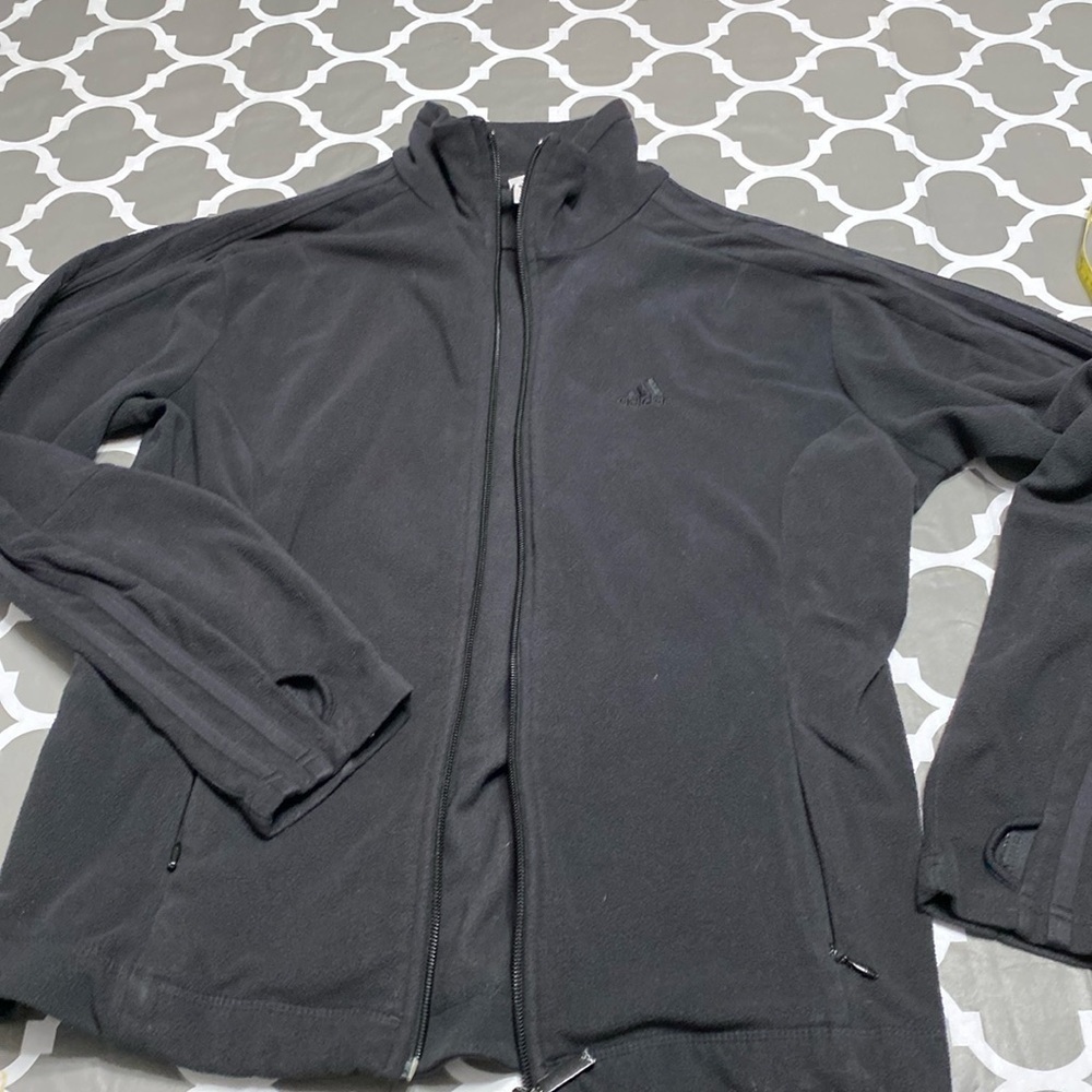 Adidas fleece zip runners jacket zip, pockets, thumb, holes, side, zip b…